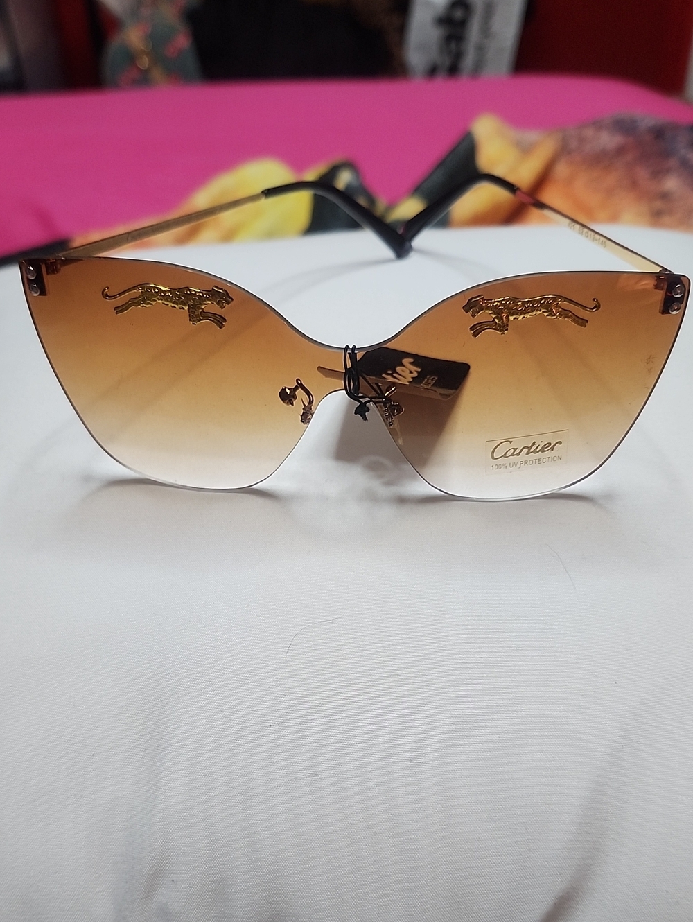 Fashion Rimless Sunglasses with Gr Brown Lenses and Gold Panther Accents
